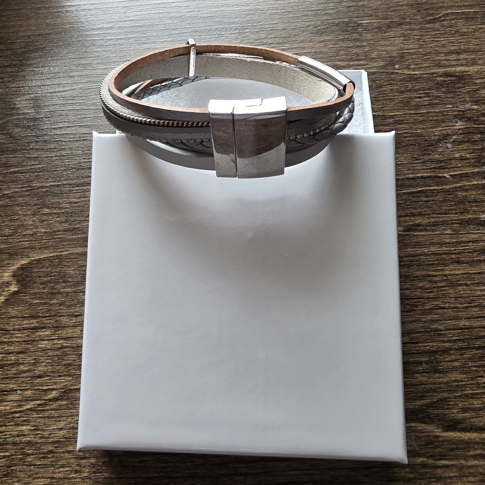 Silver and Gray Leather Bracelet